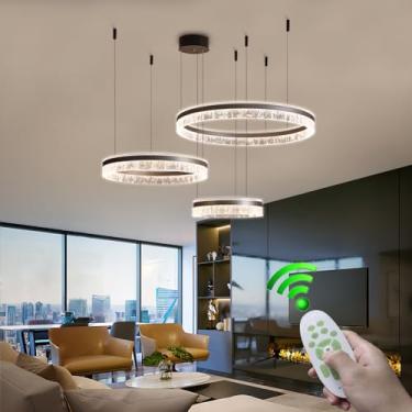 Imagem de Luminária pendente moderna de alumínio LED com ajuste de altura, luminária pendente de mesa de jantar 135W, iluminação ajustável de 3 anéis, lustre de acrílico marrom com controle remoto, sa
