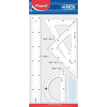 Imagem de Kit Régua 30cm + Esquadros Escaleno 60° e Isósceles 45° + Transferidor 180°, Maped, Kit Essentials, 242830, Transparente
