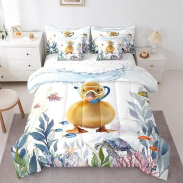 Imagem de Erosebridal Jogo de cama solteiro engraçado de pato, tartaruga marinha, peixe, água-viva, oceano, para crianças e adolescentes, conjunto de cama de pato com estampa de animal, lençol de cima, fronhas