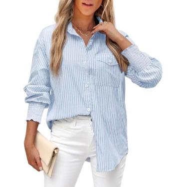 Imagem de Blusa feminina LEMAFER 2025 listrada Boyfriend com bolso com aba