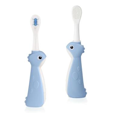 Imagem de haakaa Escova de dentes de dinossauro para crianças de 2 a 4 anos – Escova de dentes de cerdas macias com alça de silicone, aderência antiderrapante e limpador de língua | Livre de BPA, treinamento