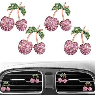 Imagem de 4 peças de cristal brilhante cereja purificador de ventilação de carro clipe de perfume, fragrância de saída de ar de strass, aromatizador de perfume, decoração de carro (rosa)
