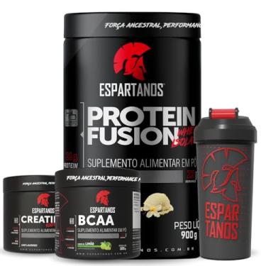 Imagem de Combo Whey Protein Fusion Baunilha 900g + BCAA em Pó Limão 100g + Creatina 100g + Shaker - Espartanos