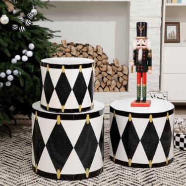 Imagem de Spiareal 3 peças de tambor de Natal de papelão para decoração grande de 45,7 cm, 46,5 cm, 35,5 cm, para decoração clássica de tambor quebra-nozes (série preto e branco)