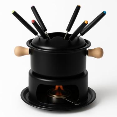 Imagem de Conjunto de Fondue em Aço Inoxidável, Preto Fosco, 6 Garfos com Identificadores Coloridos, Base com Queimador, Alças em Madeira, para Queijo, Chocolate e Carnes