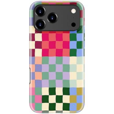 Imagem de STARVIP Capa fofa para iPhone 17 Pro – Compatível com carregamento sem fio – Capa rígida de camada dupla + capa de silicone – Capa protetora estética moderna para mulheres – Tabuleiro xadrez patchwork