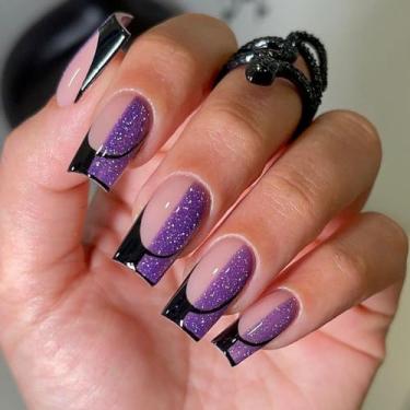 Imagem de Kit de unhas de pressão quadrado médio longo, unhas falsas roxas pretas com design de glitter cola em gel nas unhas para mulheres cobertura completa acrílico artificial bastão falso em unha para