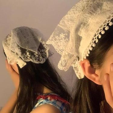 Imagem de Bandanas retrô triangulares de renda estilo bandana turbante feminina acessórios de cabelo, off-white