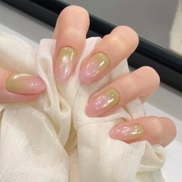 Imagem de Unhas postiças curtas médias amêndoas ombres com design de olho de gato, cobertura completa, bastão falso artificial, cola em acrílico para mulheres, 24 peças