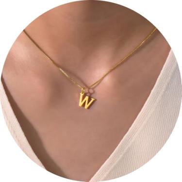 Imagem de Colar com inicial para mulheres, pingente de letra de aço inoxidável banhado a ouro 18K, bloco de A a Z, joia personalizada do alfabeto, 18+2in, Aço inoxidável, Sem Pedra Preciosa