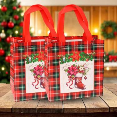 Imagem de 4 Estilos de Natal Impresso Não Tecido Xadrez Saco de Presente Reutilizável Vermelho Mercearia Compras Feliz Natal Artigos de Festa em Casa, Meias de Natal, 23 x 22 x 11 cm, 23*22*11cm