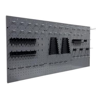 Imagem de JZD 115 peças de metal Pegboard organizador de parede pacote com 3 kit de placa de metal Pegboard 166 x 24 polegadas kit organizador de ferramentas com ganchos de acessórios para garagem