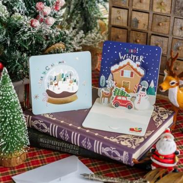 Imagem de Cartão de Natal Pop Up de Inverno Vintage, Design de Globo de Neve 3D com Envelopes para Saudações de Festas