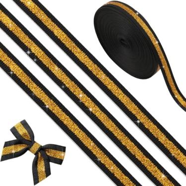 Imagem de YKW Fita de glitter dourada preta 9,5 cm x 10 metros, faixa brilhante de gorgorão sem queda, acessórios de cabelo com laços de torcida, suprimentos para mamãe de baile, decorações de festa de embrulho