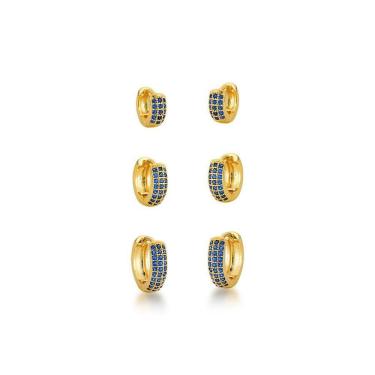 Imagem de Kit Brincos Argolas Cravejadas Com Zirconias Banhadas A Ouro 18k - Azul