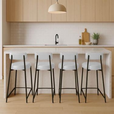 Imagem de Banqueta Cozinha Alta Com Encosto Industrial Preto Kit 4 Londres Pu Branco D03 - D'rossi