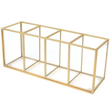 Imagem de Porta-lápis dourado elegante com 4 divisórias, organizador de mesa de vidro transparente para escritório e material escolar