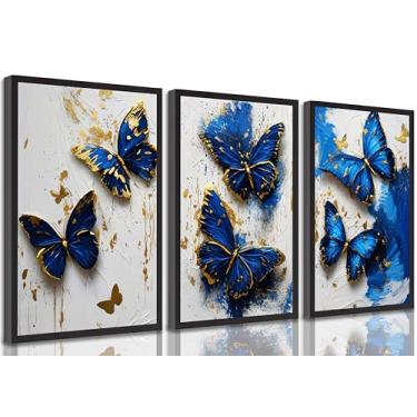 Imagem de 3 peças de arte de parede em tela de borboleta dourada azul moderna abstrata minimalista pinturas de borboletas imagens decoração de parede pôster impressão arte para sala de estar quarto decoração de