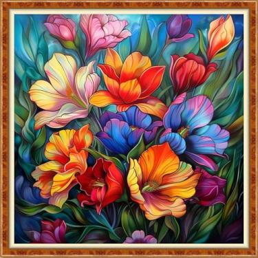 Imagem de Funchey Kits de ponto cruz contados para adultos, kit de bordado de costura cruzada não impresso, suprimentos de ponto cruz de 11 quilates - flores coloridas 45,7 x 45,7 cm