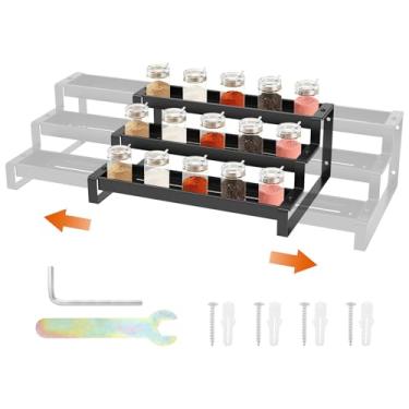 Imagem de Porta-garrafas de temperos de aço carbono, organizador de temperos de 3 níveis resistente à ferrugem, organizador de temperos de cozinha telescópico antideformação com cerca para armário de despensa
