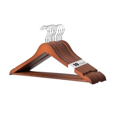 Imagem de Hapmira Cabides de madeira premium, pacote com 10, cabides de madeira maciça natural com hastes para calças e entalhes nos ombros, economia de espaço para ternos, camisas, jaquetas, vestidos e calças