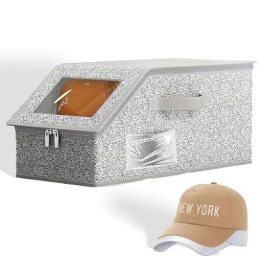 Imagem de Beciway Caixa de armazenamento de chapéu cinza para homens com papelão – comporta até 12 encaixes, organizador de chapéus empilhável com janela de exibição transparente, fecho de zíper, estojo de