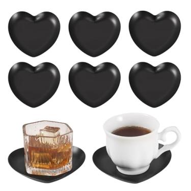Imagem de Handship Conjunto de 6 porta-copos de coração preto com suporte, porta-copos de aço inoxidável, tapetes de copo de metal antiderrapantes para mesa de café, bar, bebidas, decoração de cozinha