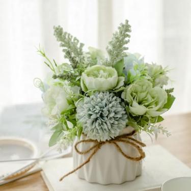 Imagem de TKAS Arranjo de flores falsas de seda artificial, pequenas rosas e hortênsias realistas em vaso de cerâmica, mesa de jantar para decoração de casa de festa de casamento (verde)
