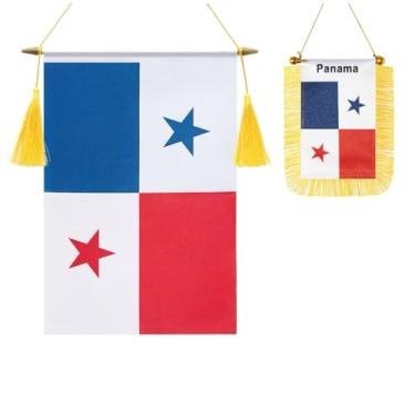 Imagem de Pacote com 2 bandeiras de parede do Panamá, mini bandeira panamenha pendurada na janela do carro, acabamento acetinado, tecido resistente, bandeiras patrióticas para decoração de espelho retrovisor de