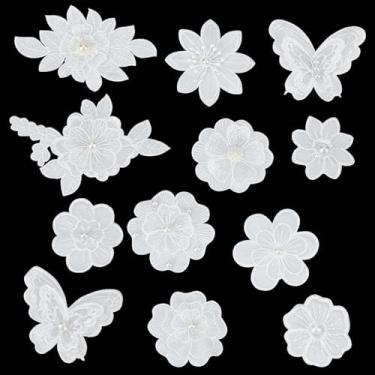 Imagem de letsinstyle 12 peças de remendos florais 3D costurados, aplique de flor de renda branca, apliques bordados de borboleta, apliques para reparo de roupas, decoração de vestido de casamento, artesanato