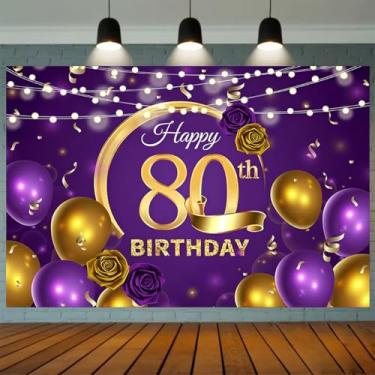 Imagem de Faixa de decoração de aniversário de 80 anos para mulheres, homens, balões roxos e dourados, fundo rosa, pano de fundo de aniversário de 80 anos, brinde a 80 anos, artigos de festa de aniversário (15