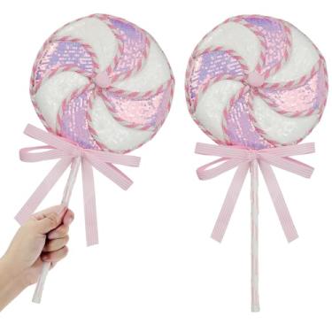 Imagem de 2 peças de enfeites enormes de lantejoulas de veludo, hortelã-pimenta, sprays, glitter, pirulito, doces, palitos de fita listrada, laços de fita para enchimento de árvore de Natal, grinalda