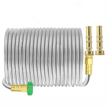 Imagem de Mangueira de jardim flexível de metal 30,5 m com 2 bicos de mangueira bala de cobre, mangueira de água expansível de aço inoxidável 304 para chuveiro de cachorro, lavagem de carro, mangueira de jardim