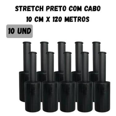 Imagem de Kit 10 Rolos Filme Stretch Preto Cabo 10cmx120metros Aplicador Giratór