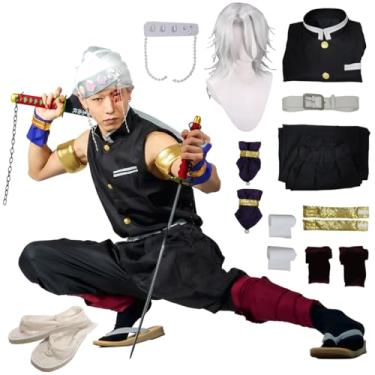 Imagem de OURUEPY Conjunto completo de fantasia masculina de cosplay de anime para festa de dez gerações, quimono, incluindo sapatos, peruca e espada (M)