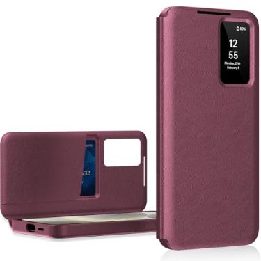 Imagem de Capa para Samsung S22 Ultra com tela pequena inteligente, capa carteira S-View, para Samsung Galaxy S22 Ultra 5G, capa de janela inteligente, capa protetora de couro flip Smart View vermelha