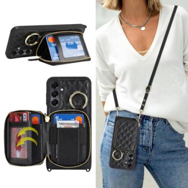 Imagem de Hamany Capa tipo carteira transversal para Galaxy A15, bolsa de mão de couro PU com zíper, capa flip com suporte para cartões, alça de pulso - preta