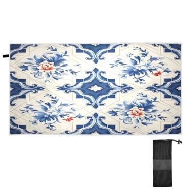 Imagem de ATTX Toalha de praia azul vintage azulejos 79 x 188 cm - Cobertor de microfibra leve de secagem rápida resistente à areia para piscina, ioga, academia e viagens | Esportes de banho de natação multiuso
