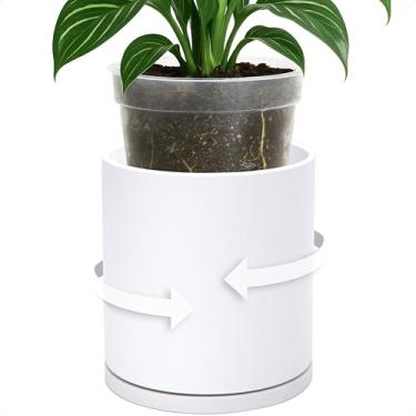Imagem de D'vine Dev Conjunto de plantador de camada dupla – Cachepot de plástico rotativo com forro interno transparente para a saúde das raízes, perfeito para plantas de interior, 16,5 cm, branco, 73-U-A-2