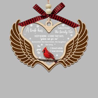 Imagem de Enfeite memorial de Natal, um membro caiu, coração cardeal vermelho com asas, decoração de lembrança de madeira de 2 camadas para a perda do ente querido, presente de simpatia para amigos e familiares