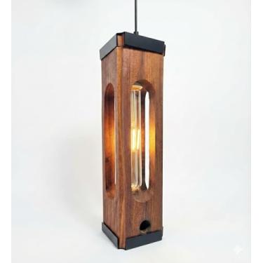 Imagem de Lustre Pendente Vertical Madeira de Demolição e Aço - Luminária Rústica Industrial para Bancada e Ilha Cozinha - Bivolt E27 (Lâmpada T30 Inclusa)