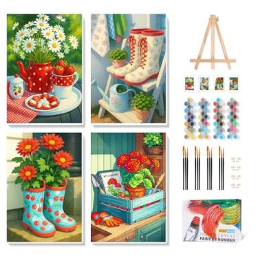 Imagem de Camocin Kit de pintura emoldurada por números para adultos com cavalete de madeira, pintura de flores por números com moldura para iniciantes, kits de tintas para adultos por números em tela