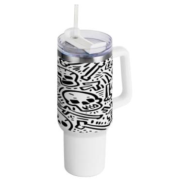 Imagem de Kigai Copo de caveira fofo de 1,134 g com tampa e canudo, copo isolado de aço inoxidável durável à prova de vazamento com alça, garrafas de água à prova de derramamento para viagens