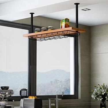 Imagem de Prateleira para pendurar para copos de vinho, prateleira de teto, tubo de ferro forjado, suporte para copos de vinho, suporte para plantas de teto de madeira maciça multicamadas