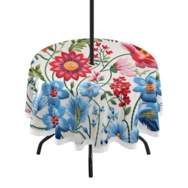 Imagem de CEBUGI Toalha de mesa redonda para uso externo, floral, impermeável, com orifício Umberlla, capa de mesa lavável para pátio, cozinha, sala de jantar, 152 cm