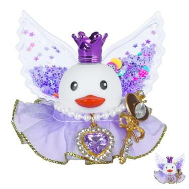 Imagem de Pato anjo rainha com coroa roxa, colar de cristal, vestido, asa roxa e varinha mágica - acessórios de decoração de painel de carro com patos de borracha engraçados