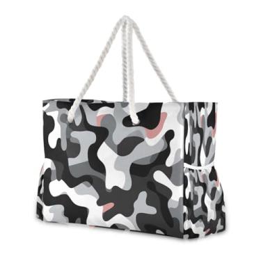 Imagem de Wassud Bolsa de praia preta e branca camuflada grande bolsa de praia para mulheres, impermeável, à prova de areia, bolsa de viagem com zíper e bolso para piscina, academia, acampamento