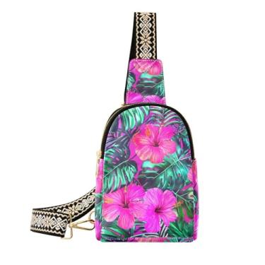 Imagem de CEBUGI Pochete feminina de couro com folhas tropicais com folhas de flores tropicais, bolsa de peito para caminhadas, viagens ao ar livre