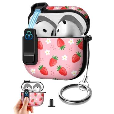Imagem de Joyleop Capa para Airpods 4 – com trava de segurança linda feminina feminina estética bonita capa protetora contra choque rígido com chaveiro para AirPods 4ª geração 2024, morango