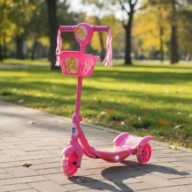 Imagem de HK Brinquedos Patinete Infantil Rosa com Cesta, Luz e Som, Princesas, Suporta 35kg, +3